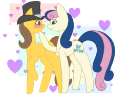 Size: 2740x2055 | Tagged: safe, artist:calibykitty, bon bon, sweetie drops, toffee, earth pony, pony, g4, abstract background, bedroom eyes, blushing, female, hat, heart, high res, hoof on chin, lesbian, looking at each other, mare, raised hoof, shipping, toffbon, top hat