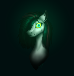 Size: 2407x2492 | Tagged: safe, artist:emalajissda, oc, oc only, pony, bodypaint, bust, creepy, ear piercing, earring, female, glowing eyes, gradient background, high res, jewelry, looking at you, mare, pentagram, pentagram eyes, piercing, solo, wingding eyes