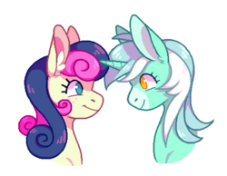 Size: 470x365 | Tagged: safe, artist:horsepaws, bon bon, lyra heartstrings, sweetie drops, earth pony, pony, unicorn, g4, bust, duo, duo female, ear fluff, female, lesbian, looking at each other, looking at someone, mare, portrait, ship:lyrabon, shipping, simple background, transparent background