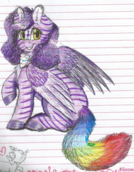 Size: 1165x1505 | Tagged: safe, artist:69beas, oc, oc only, oc:misty purple, pegasus, pony, cat tail, female, lined paper, mare, rainbow tail, solo, traditional art