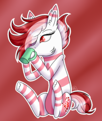 Size: 530x631 | Tagged: safe, artist:rose-blade, oc, oc only, oc:peppermint sweet (ice1517), earth pony, pony, cup, drinking, ear fluff, female, gradient background, mare, markings, red background, simple background, sitting, solo, underhoof