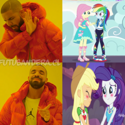 Size: 768x768 | Tagged: safe, edit, edited screencap, screencap, applejack, fluttershy, rainbow dash, rarity, equestria girls, equestria girls specials, g4, my little pony equestria girls: better together, my little pony equestria girls: rollercoaster of friendship, blushing, converse, discovery family logo, drake, female, geode of fauna, geode of shielding, geode of super speed, geode of super strength, hotline bling, lesbian, magical geodes, male, meme, ship:flutterdash, ship:rarijack, shipping, shipping denied, shipping fuel, shoes, watermark, wrong aspect ratio