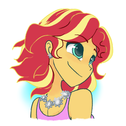 Size: 1280x1280 | Tagged: safe, artist:bcpony, sunset shimmer, equestria girls, g4, alternate hairstyle, bust, clothes, cute, dress, ear piercing, earring, female, jewelry, necklace, piercing, portrait, shimmerbetes, solo, turned head