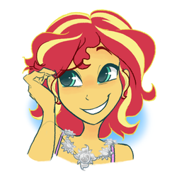 Size: 1280x1280 | Tagged: safe, artist:bcpony, sunset shimmer, human, equestria girls, g4, alternate hairstyle, brushing hair behind ear, bust, clothes, cute, dress, female, jewelry, necklace, portrait, shimmerbetes, smiling, solo