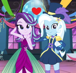 Size: 586x562 | Tagged: safe, artist:themexicanpunisher, starlight glimmer, trixie, equestria girls, g4, my little pony equestria girls: better together, street magic with trixie, clothes swap, female, lesbian, ship:startrix, shipping