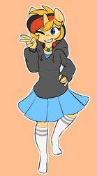 Size: 960x1726 | Tagged: safe, artist:dekuloid, oc, oc only, oc:amber bit, unicorn, anthro, unguligrade anthro, clothes, cute, hoodie, moe, peace sign, pleated skirt, skirt, socks, solo