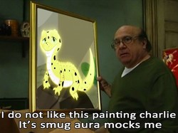 Size: 800x597 | Tagged: safe, artist:maorows, ray, pony, g4, danny devito, exploitable meme, frank reynolds, grammar error, it's always sunny in philadelphia, its smug aura mocks me, meme, painting