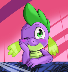 Size: 1525x1621 | Tagged: safe, artist:caligomwknight, spike, dragon, g4, blushing, cute, hand on face, heart eyes, looking at you, male, one eye closed, solo, spikabetes, wingding eyes