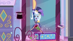 Size: 1920x1080 | Tagged: safe, screencap, spike, spike the regular dog, trixie, dog, equestria girls, g4, my little pony equestria girls: better together, street magic with trixie, box, box sawing trick, magic trick
