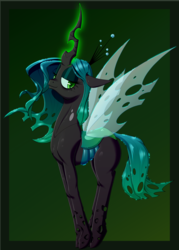 Size: 1000x1400 | Tagged: safe, artist:deusexequus, queen chrysalis, changeling, changeling queen, g4, changelings in the comments, crown, female, glowing horn, horn, jewelry, regalia, smiling, solo, transparent wings, wings