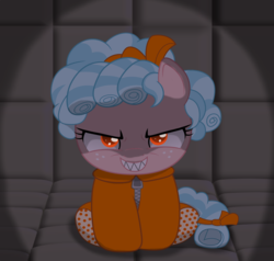 Size: 2000x1900 | Tagged: safe, artist:spellboundcanvas, cozy glow, pony, g4, adoracreepy, clothes, cozybetes, creepy, cute, evil grin, female, footed sleeper, grin, looking at you, padded cell, prison, prison outfit, prisoner, sharp teeth, smiling, solo, teeth