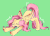 Size: 1100x790 | Tagged: safe, artist:milky-rabbit, fluttershy, pegasus, pony, g4, animated, barely animated, behaving like a cat, behaving like a dog, cute, cute little fangs, eyes closed, fangs, female, flutterdog, gif, green background, shyabetes, simple background, solo, stretching