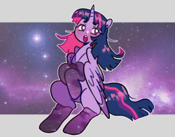 Size: 1040x814 | Tagged: safe, artist:milky-rabbit, twilight sparkle, alicorn, pony, g4, :o, beanbrows, clothes, cute, eyebrows, female, galaxy, mare, open mouth, socks, solo, space, twiabetes, twilight sparkle (alicorn)