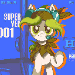 Size: 1024x1024 | Tagged: safe, artist:theratedrshimmer, oc, oc:green music, earth pony, pony, clothes, earth pony oc, eri kasamoto, female, front view, headset, jacket, looking at you, mare, metal slug, pixel art, raised hoof, solo