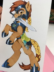 Size: 960x1280 | Tagged: safe, artist:lispp, oc, oc only, earth pony, pony, armor, badge, bipedal, braid, braided tail, clothes, helmet, hoof shoes, looking at you, marker drawing, mouth hold, shoes, simple background, solo, sword, tail, traditional art, two toned mane, two toned tail, weapon, white background