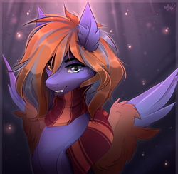 Size: 2101x2047 | Tagged: safe, artist:kindly-fox, oc, oc only, pegasus, pony, clothes, ear fluff, fangs, female, heterochromia, high res, mare, multicolored hair, particles, scarf, smiling, solo, spread wings, swings, wings