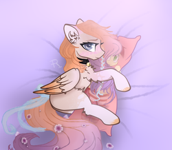 Size: 2333x2035 | Tagged: safe, artist:php145, roseluck, oc, oc only, earth pony, pegasus, pony, g4, bed, bell, bell collar, blue eyes, blushing, body pillow, chest fluff, collar, commission, cute, digital art, duo, ear fluff, female, flower, flower in hair, fluffy, high res, long hair, long tail, lying, lying down, mare, ribbon, solo focus