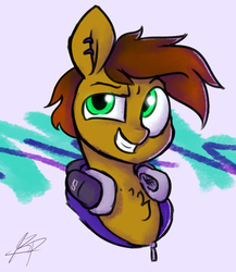 Size: 1120x1292 | Tagged: safe, artist:thepascaal, oc, oc only, oc:twitchyylive, pony, chest fluff, clothes, dreamworks face, headphones, hoodie, male, piercing, smiling, solo, solo jazz, stallion
