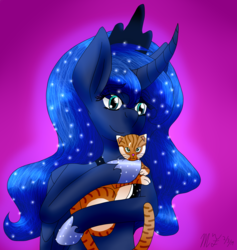 Size: 1800x1900 | Tagged: safe, artist:midnightfire1222, princess luna, alicorn, cat, pony, g4, commission, curved horn, ethereal mane, hoof shoes, horn, kitten, signature, simple background, starry mane