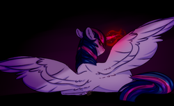 Size: 2028x1242 | Tagged: safe, artist:dark--drawz, twilight sparkle, alicorn, pony, g4, equestria is doomed, evil twilight, female, glowing eyes, looking at you, looking back, looking back at you, on side, red eyes, red magic, signature, simple background, solo, spread wings, twilight sparkle (alicorn), wings