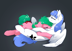 Size: 3500x2475 | Tagged: safe, artist:arctic-fox, oc, oc only, oc:pine berry, oc:snow pup, earth pony, pegasus, pony, bow, chest fluff, cuddling, duo, ear fluff, high res, hug, lying down, patreon, patreon logo, paw prints, resting, sleeping, smiling, spread wings, tail bow, wings