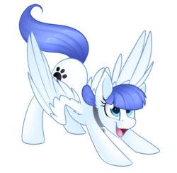 Size: 3964x3874 | Tagged: safe, artist:scarlet-spectrum, oc, oc only, oc:snow pup, pegasus, pony, collar, face down ass up, female, high res, looking at you, mare, open mouth, partially open wings, paw prints, simple background, solo, transparent background, wings, ych result