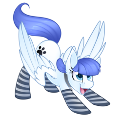 Size: 3964x3874 | Tagged: safe, alternate version, artist:scarlet-spectrum, oc, oc only, oc:snow pup, pegasus, pony, clothes, collar, face down ass up, female, high res, looking at you, mare, open mouth, partially open wings, paw prints, simple background, socks, solo, striped socks, transparent background, wings, ych result