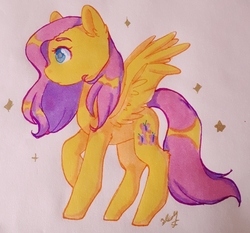 Size: 2308x2150 | Tagged: safe, artist:bluestarbubbles, artist:dark--drawz, artist:dreamcatcher, fluttershy, pegasus, pony, g4, cutie mark, female, high res, mare, profile, raised hoof, simple background, solo, spread wings, stars, traditional art, white background, wings