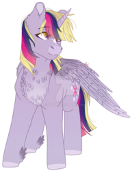 Size: 1024x1329 | Tagged: safe, artist:keeharn, derpy hooves, twilight sparkle, alicorn, pony, g4, chest feathers, chest fluff, commission, commissioner:bigonionbean, cross-eyed, cute, cutie mark fusion, fusion, simple background, star on brow, transparent background, twilight sparkle (alicorn)
