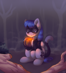 Size: 1818x2000 | Tagged: safe, alternate version, artist:spirit-dude, oc, oc only, oc:snow pup, pegasus, pony, animal costume, cat costume, clothes, collar, costume, fangs, forest, halloween, halloween costume, holding, holiday, mask, paw prints, pumpkin bucket, sitting, smiling, ych result