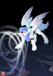 Size: 848x1200 | Tagged: safe, artist:arctic-fox, oc, oc only, oc:snow pup, pegasus, pony, barking, bolt, clothes, costume, cracks, kigurumi, open mouth, palindrome get, patreon, patreon logo, paws, solo, spread wings, super powers, wings