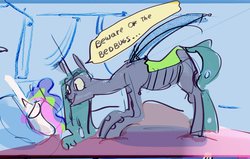 Size: 1200x765 | Tagged: safe, artist:alumx, princess celestia, queen chrysalis, alicorn, changeling, changeling queen, pony, g4, bed, bedroom, comic, duo, female, horn, looming, sleeping, smiling, speech bubble, wings