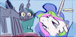 Size: 1200x593 | Tagged: safe, artist:alumx, princess celestia, queen chrysalis, alicorn, changeling, changeling queen, pony, g4, bed, bedroom, comic, drool, duo, fangs, female, horn, smiling, speech bubble, waking up, wings