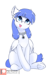Size: 562x882 | Tagged: safe, artist:arctic-fox, oc, oc only, oc:snow pup, pegasus, pony, :p, collar, ear fluff, female, looking up, mare, patreon, patreon logo, silly, sitting, solo, tongue out