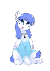 Size: 1768x2500 | Tagged: safe, artist:arctic-fox, oc, oc only, oc:snow pup, pegasus, pony, :p, clothes, collar, ear fluff, female, head tilt, looking up, mare, pajamas, silly, sitting, solo, tongue out