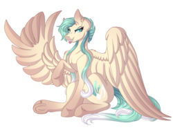 Size: 4902x3744 | Tagged: safe, artist:amazing-artsong, oc, oc only, oc:sea shanty, pegasus, pony, blue mane, ear fluff, female, large wings, mare, no pupils, raised hoof, simple background, sitting, smiling, solo, spread wings, teeth, tongue out, transparent background, wings
