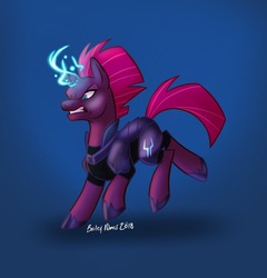 Size: 1231x1280 | Tagged: safe, artist:bayepaye, tempest shadow, pony, unicorn, g4, angry, armor, blue background, broken horn, female, gritted teeth, horn, magic, signature, simple background, solo, teeth