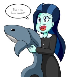 Size: 1350x1522 | Tagged: safe, artist:jake heritagu, oc, oc only, oc:dolly dusk, shark, comic:aria's archives, equestria girls, g4, blåhaj, offspring, parent:chancellor neighsay, parent:sonata dusk, plushie, shark plushie, simple background, solo, speech bubble, white background