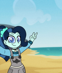 Size: 840x1000 | Tagged: safe, artist:carouselunique, oc, oc only, oc:dolly dusk, shark, comic:aria's archives, equestria girls, g4, alternate clothes, alternate hairstyle, beach, clothes, offspring, overalls, parent:chancellor neighsay, parent:sonata dusk, peace sign, selfie, solo