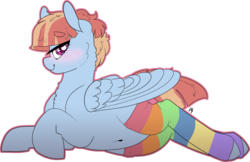 Size: 2145x1388 | Tagged: safe, artist:liefsong, windy whistles, pegasus, pony, g4, belly button, blushing, clothes, female, heart eyes, looking at you, mare, rainbow socks, simple background, smiling, socks, solo, stockings, striped socks, thigh highs, transparent background, wingding eyes