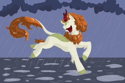 Size: 2700x1800 | Tagged: safe, artist:moosetheartist, autumn blaze, kirin, g4, sounds of silence, fangs, female, open mouth, puddle, rain, singing, solo, teeth, wet mane, wet tail