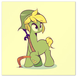 Size: 1280x1280 | Tagged: safe, artist:turtlefarminguy, pony, big eyes, blank flank, blonde, blonde mane, boomerang, crossover, hat, link, male, missing cutie mark, ponified, raised hoof, simple background, solo, stallion, sword, the legend of zelda, weapon, yellow background