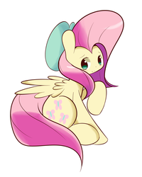 Size: 1280x1600 | Tagged: safe, artist:turtlefarminguy, fluttershy, pegasus, pony, g4, beret, blushing, bow, clothes, eyebrows, female, hat, looking away, mare, pink mane, pink tail, raised hoof, simple background, sitting, smiling, solo, spread wings, white background, wings, yellow coat