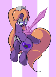 Size: 1280x1760 | Tagged: safe, artist:turtlefarminguy, earth pony, pony, amethyst: princess of gemworld, clothes, dc comics, eyebrows, eyelashes, female, glasses, mare, open mouth, ponified, princess amethyst, simple background, smiling, solo, sword, thick lineart, transparent background, weapon