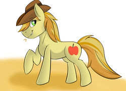 Size: 2500x1800 | Tagged: safe, artist:snowstormbat, braeburn, earth pony, pony, g4, hat, male, question mark, simple background, solo