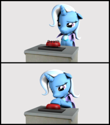Size: 1930x2190 | Tagged: safe, artist:xppp1n, trixie, pony, unicorn, g4, 3d, button, death, depressed, female, floppy ears, frown, gray background, implied suicide, lidded eyes, mare, ponified, ponified animal photo, pressing, raised hoof, sad, simple background, sitting, solo, source filmmaker