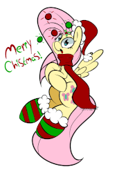 Size: 727x1000 | Tagged: safe, artist:turtlefarminguy, fluttershy, g4, animated, christmas, christmas lights, clothes, female, flying, gif, hat, holiday, looking at you, santa hat, scarf, socks, striped socks, text