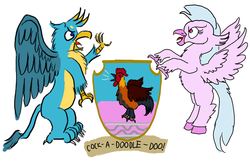 Size: 1400x900 | Tagged: safe, artist:horsesplease, gallus, silverstream, bird, chicken, classical hippogriff, griffon, hippogriff, g4, cock-a-doodle-doo, crowing, duo, emblem, female, gallus the rooster, heart eyes, heraldry, male, paint tool sai, pun, river, rooster, ship:gallstream, shipping, silverstream the hen, simple background, straight, stream, supporters, visual pun, wingding eyes