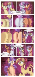 Size: 1416x3080 | Tagged: safe, artist:xjenn9fusion, oc, oc:sparkling apples, oc:sweet scooter, pony, comic:administrative unity, comic:fusing the fusions, bow, butt, comic, commission, commissioner:bigonionbean, confused, cutie mark, cutie mark crusaders, dialogue, distressed, flank, fuse, fusion, fusion:apple bloom, fusion:dinky hooves, fusion:scootaloo, fusion:sweetie belle, magic, meme, merge, merging, panic, plot, potion, shocked, swelling, the ass was fat, wide hips, writer:bigonionbean