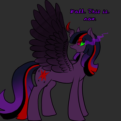 Size: 600x600 | Tagged: safe, artist:sinsays, part of a set, twilight sparkle, alicorn, pony, ask corrupted twilight sparkle, g4, color change, corrupted, corrupted twilight sparkle, curved horn, dark, dark equestria, dark magic, dark queen, dark world, darkened coat, darkened hair, ear fluff, ethereal mane, female, horn, jagged horn, looking at new wings, magic, part of a series, possessed, queen twilight, solo, sombra empire, sombra eyes, sombra horn, tumblr, twilight sparkle (alicorn), tyrant sparkle